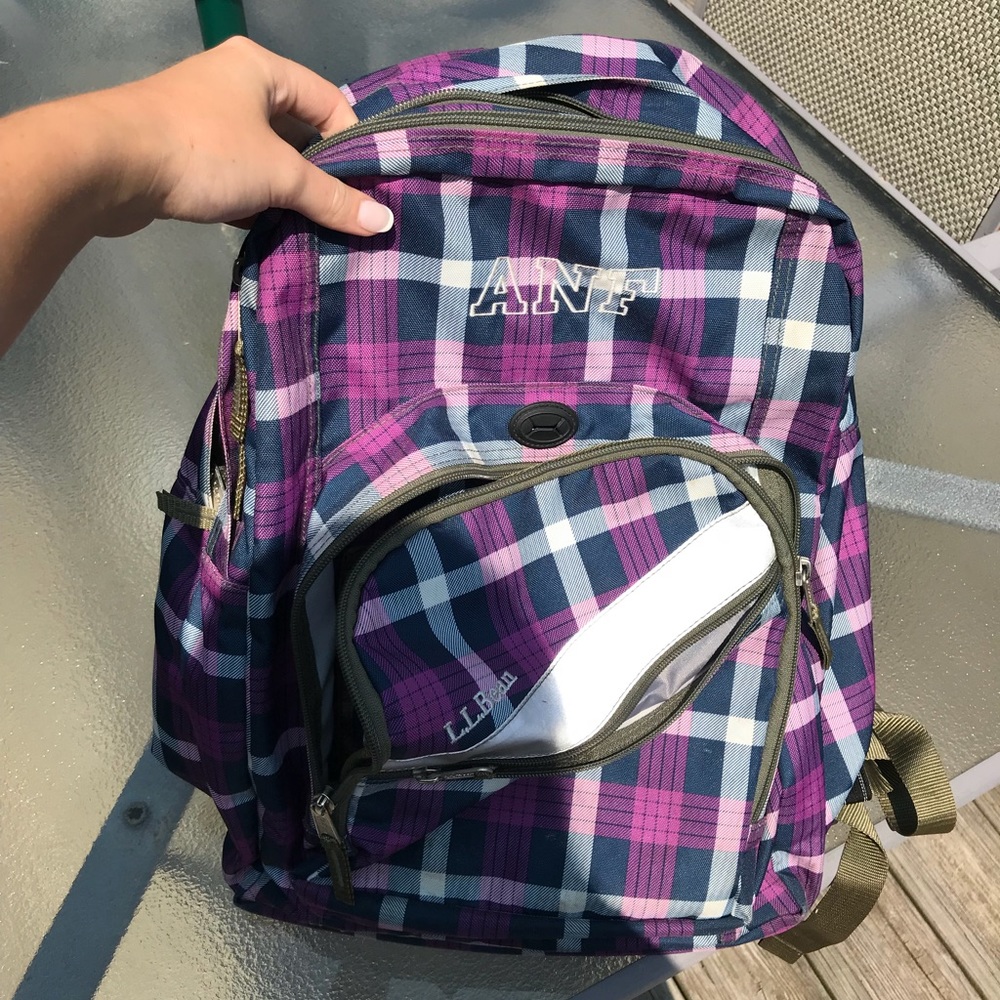 LL Bean purple plaid backpack